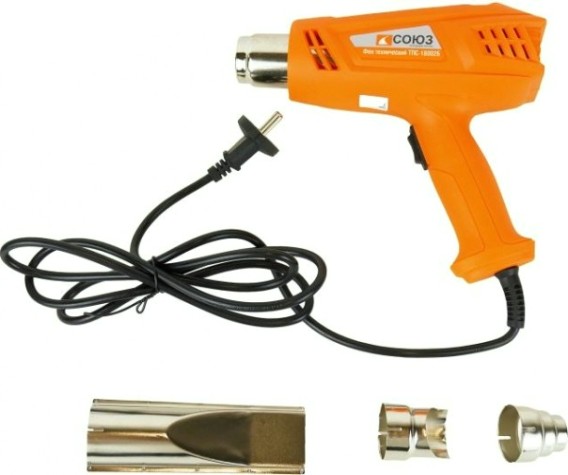 Фен строительный СОЮЗ ТПС-18002Б 2 ступени, 3 насадки