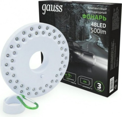 Фонарь GAUSS GFL004 кемпинговый 48led 500lm 3xaa белый магнит и караби [GF004]