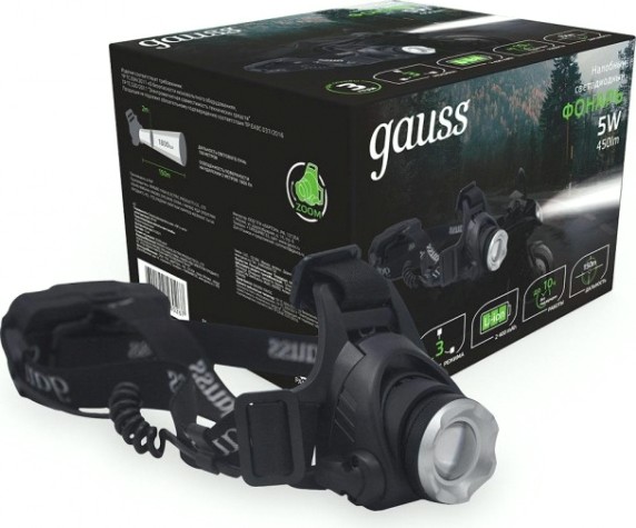 Фонарь GAUSS GFL407 налобный 5w 450lm li-ion 2400mah led [GF407]