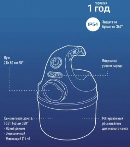 Фонарь кемпинговый КОСМОС KOC614Lit аккумуляторный, 10 Bт + 2 Bт, Li-ion 18650