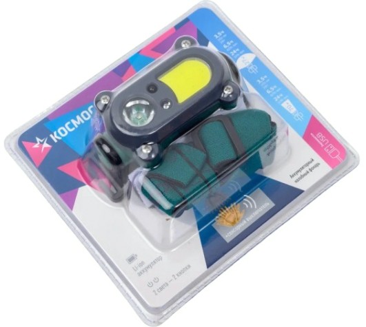 Фонарь налобный КОСМОС KOC502Lit аккумуляторный, сенсорный, 3 Bт + 3 Bт COВ