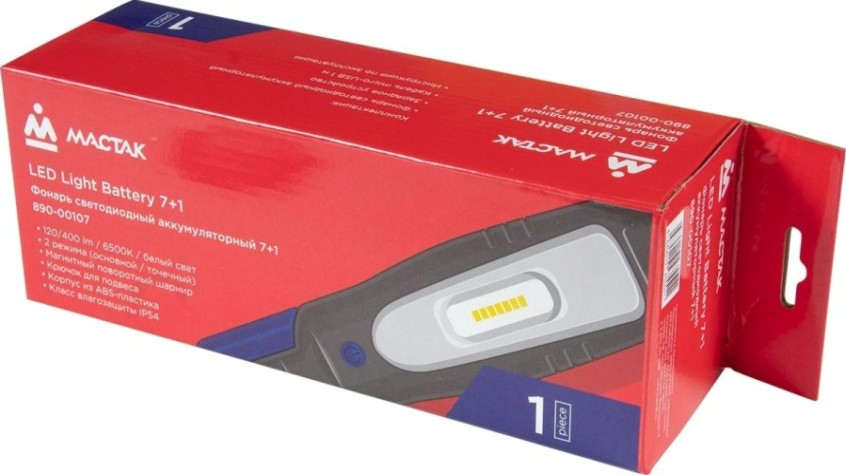 Фонарь светодиодный МАСТАК 890-00107 шарнирный, магнит, 7+1 элемент, li-ion, 3,7В