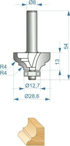 Фреза по дереву ЭНКОР ф28.6х13, r4, хв. 8мм кромочная калевочная [9250]