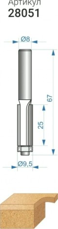 Фреза по дереву ЭНКОР ф9.5х25 хв. 8 мм, по ДСП кромочная прямая [28051]