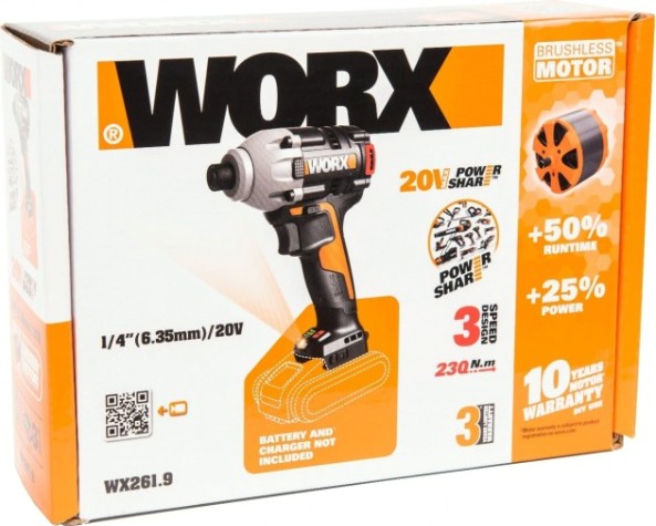 Гайковерт аккумуляторный Worx WX261.9 без АКБ и ЗУ ударный, бесщеточный [WX261.9]