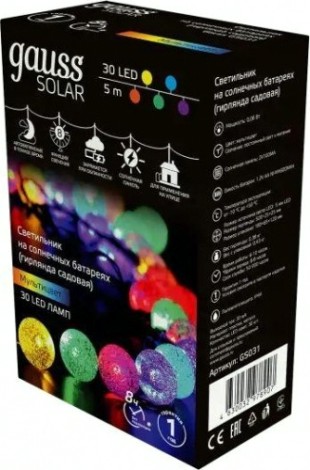 Гирлянда GAUSS GS031 садовая на солнечной батарее 30 led шары мультицве Гирлянда GAUSS GS031 садовая на солнечной батарее 30 led шары мультицве