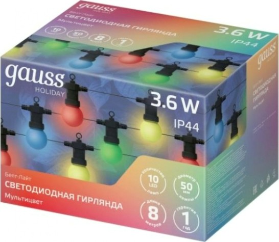Гирлянда GAUSS HL060 светодиодная, 10 ламп, 7,7 м, ip44, мультицвет