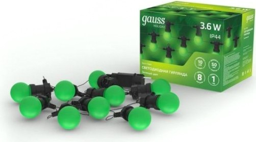 Гирлянда GAUSS HL061 светодиодная, 10 ламп, 7,7 м, ip44, зеленый Гирлянда GAUSS HL061 светодиодная, 10 ламп, 7,7 м, ip44, зеленый