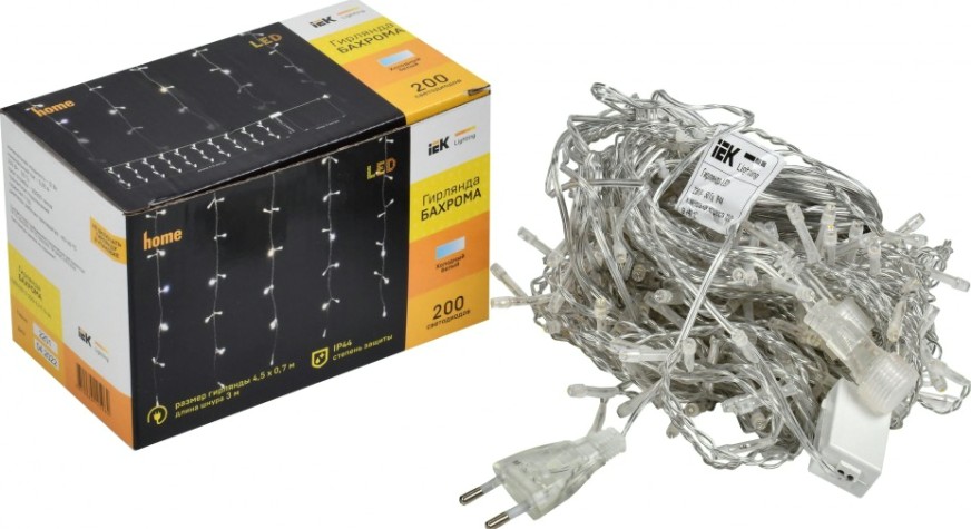 Гирлянда IEK LIGHTING бахрома 4,5х0,7м, 200 светодиодов, белый свет IP44 [LGDU301-2-200-L3-T-S-44]