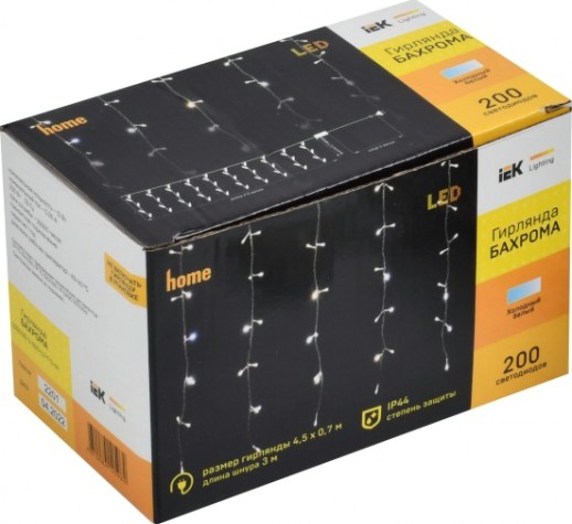Гирлянда IEK LIGHTING бахрома 4,5х0,7м, 200 светодиодов, белый свет IP44 [LGDU301-2-200-L3-T-S-44]