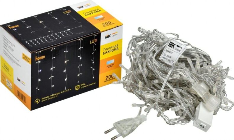 Гирлянда IEK LIGHTING бахрома 4,5х0,7м, 200 светодиодов, белый свет IP44 мерцани [LGDU321-2-200-L3-T-S-44]