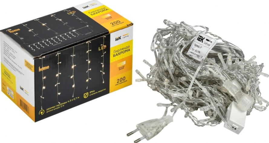 Гирлянда IEK LIGHTING бахрома 4,5х0,7м, 200 светодиодов, теплый белый свет IP44 [LGDU301-1-200-L3-T-S-44]
