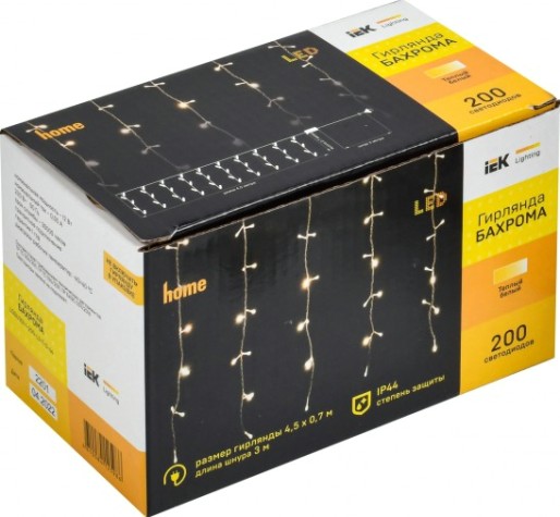 Гирлянда IEK LIGHTING бахрома 4,5х0,7м, 200 светодиодов, теплый белый свет IP44 [LGDU301-1-200-L3-T-S-44]