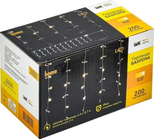 Гирлянда IEK LIGHTING бахрома 4,5х0,7м, 200 светодиодов, теплый белый свет IP44 [LGDU321-1-200-L3-T-S-44]