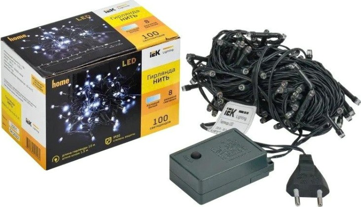 Гирлянда IEK LIGHTING нить 10м, 100 светод. белый свет IP20, контрол/8 сцен [LGDB110-2-100-10-G-S-20]