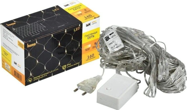 Гирлянда IEK LIGHTING сеть 1,5х1,5м 160 светодиод теплый белый свет IP20, контр/8 сцен [LGDB410-1-160-L1-T-S-44]