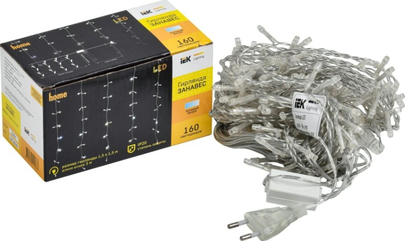 Гирлянда IEK LIGHTING занавес 1,5х1,5м, 160 светодиодов, белый свет IP20 [LGDB201-2-160-L1-T-S-20]