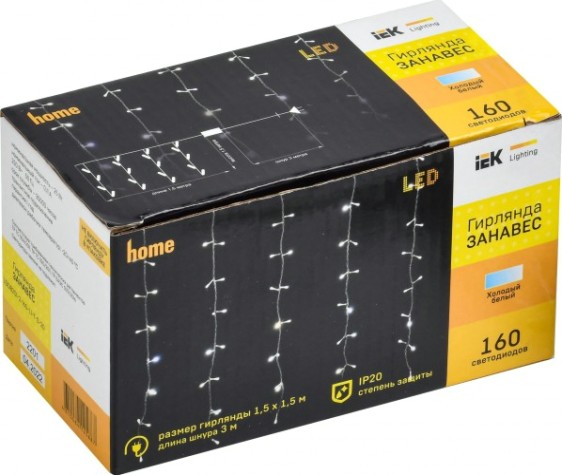 Гирлянда IEK LIGHTING занавес 1,5х1,5м, 160 светодиодов, белый свет IP20 [LGDB201-2-160-L1-T-S-20]