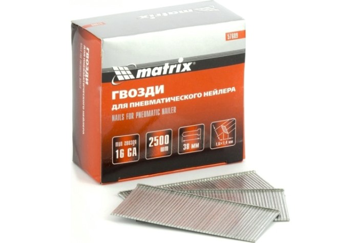 Гвозди для скобозабивателя MATRIX 57609 16ga для пневм. нейлера,сечение 1,6х1,4,длина 38мм