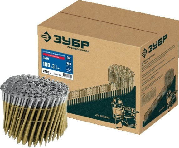 Гвозди для скобозабивателя ЗУБР CNW 100х3.1 мм барабанные рифленые оцинкованные, 2400 шт [305383-100]