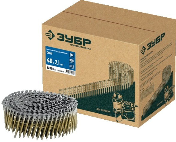 Гвозди для скобозабивателя ЗУБР CNW 40х2.1 мм барабанные рифленые, 12600 шт [305382-40]