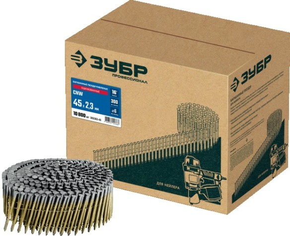 Гвозди для скобозабивателя ЗУБР CNW 45х2.3 мм барабанные рифленые оцинкованные, 10800 шт [305383-45]