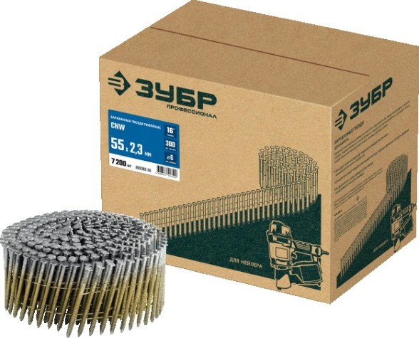 Гвозди для скобозабивателя ЗУБР CNW 55х2.3 мм барабанные рифленые, 7200 шт [305382-55]