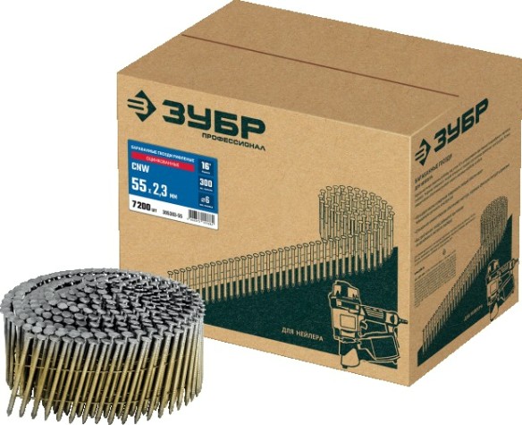 Гвозди для скобозабивателя ЗУБР CNW 55х2.3 мм барабанные рифленые оцинкованные, 7200 шт [305383-55]