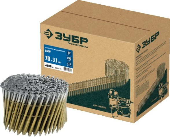 Гвозди для скобозабивателя ЗУБР CNW 70х3.1 мм барабанные рифленые, 4800 шт [305382-70]