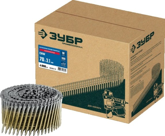 Гвозди для скобозабивателя ЗУБР CNW 70х3.1 мм барабанные рифленые оцинкованные, 4800 шт [305383-70]