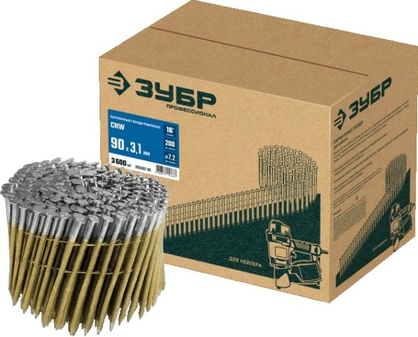 Гвозди для скобозабивателя ЗУБР CNW 90х3.1 мм барабанные рифленые, 3600 шт [305382-90]