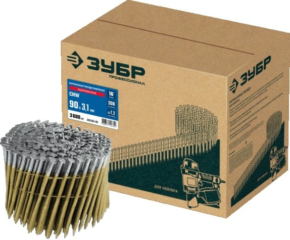 Гвозди для скобозабивателя ЗУБР CNW 90х3.1 мм барабанные рифленые оцинкованные, 3600 шт [305383-90]