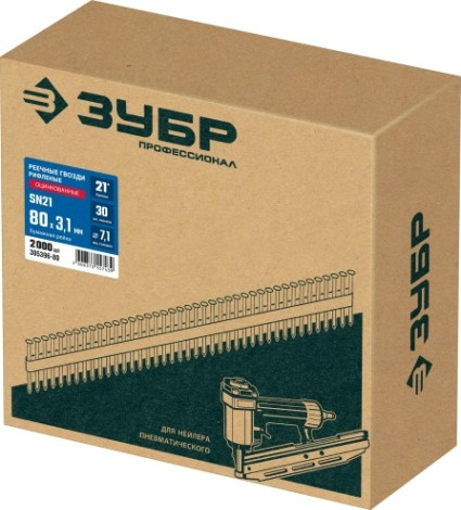 Гвозди для скобозабивателя ЗУБР SN21 80х3.1 мм реечные рифленые оцинкованные, 2000 шт [305396-80]