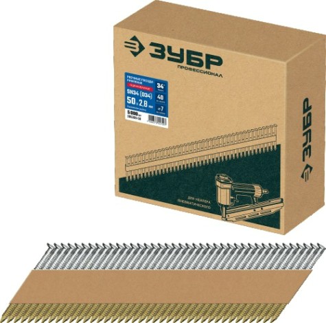 Гвозди для скобозабивателя ЗУБР SN34 (d34) 50х2.8 мм реечные рифленые оцинкованные, 5000 шт [305399-50]