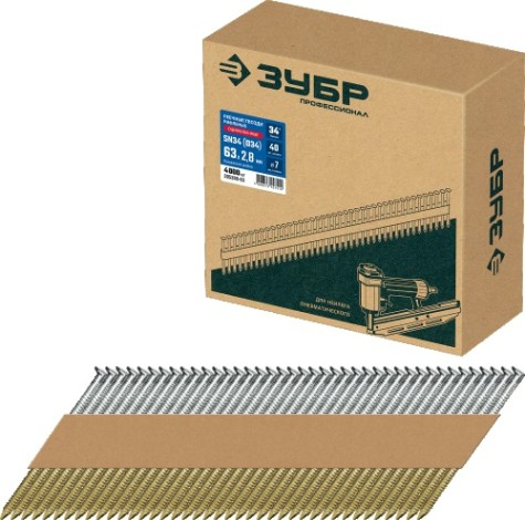 Гвозди для скобозабивателя ЗУБР SN34 (d34) 63х2.8 мм реечные рифленые оцинкованные, 4000 шт [305399-63]