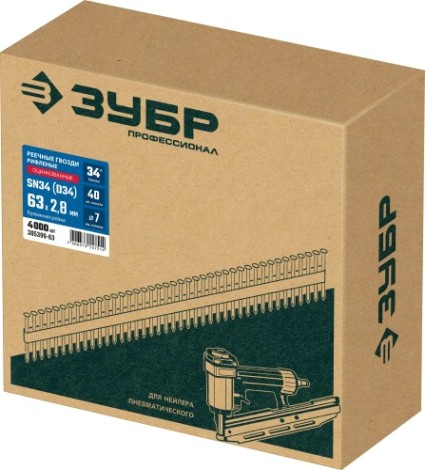 Гвозди для скобозабивателя ЗУБР SN34 (d34) 63х2.8 мм реечные рифленые оцинкованные, 4000 шт [305399-63]