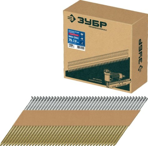 Гвозди для скобозабивателя ЗУБР SN34 (d34) 75х2.8 мм реечные рифленые оцинкованные, 4000 шт [305399-75]