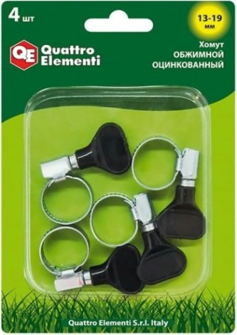 Хомут червячный с ключом QUATTRO ELEMENTI 13-19 мм оцинкованный, 4 шт в блистере [772-432]
