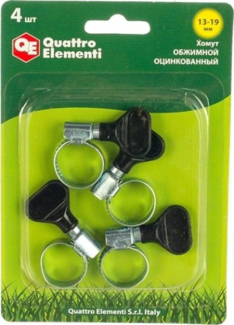 Хомут червячный с ключом QUATTRO ELEMENTI 13-19 мм оцинкованный, 4 шт в блистере [772-432]