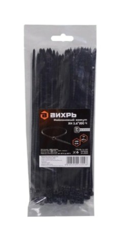 Хомут пластиковый ВИХРЬ 3,6 х 200 (уп.100 шт.) черный [73/9/1/27]