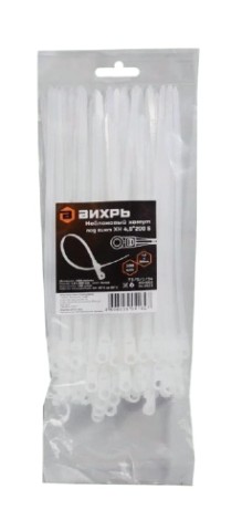 Хомут пластиковый ВИХРЬ 4,8 х 200 (уп.100 шт.) белый, под винт [73/9/1/34]