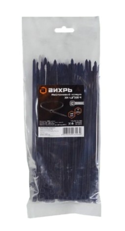 Хомут пластиковый ВИХРЬ 4,8 х 200 (уп.100 шт.) черный [73/9/1/30]