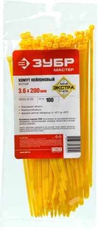 Хомут пластиковый ЗУБР ПРОФЕССИОНАЛ желтые кс-ж1, 3.6x200 мм, 100 шт, нейлоновые, [309050-36-200]