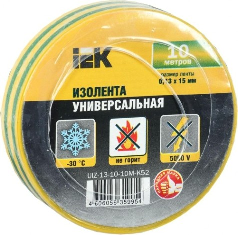 Изолента IEK ПВХ 0.13х15мм (рул. 10м) желт./зел. [UIZ-13-10-10M-K52]