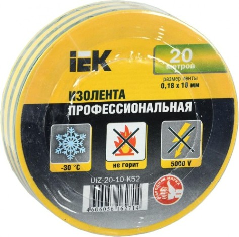 Изолента IEK ПВХ 0.18х19мм желт./зел. (рул. 20м) [UIZ-20-10-K52]