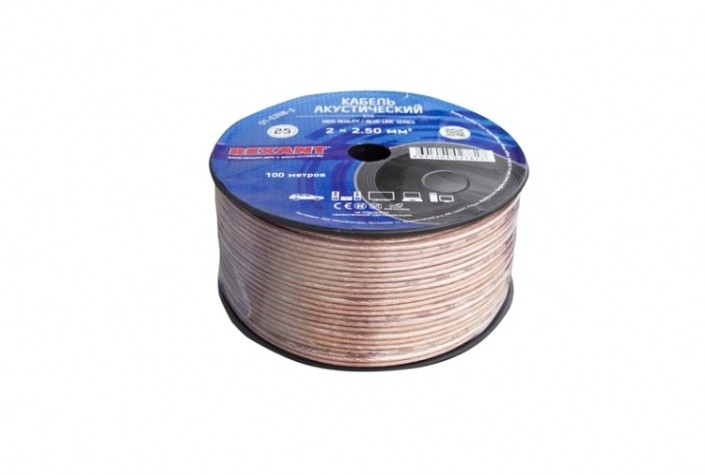Кабель акустический REXANT 01-6208-3 2х2,50мм², прозрачный BLUELINE, 100м