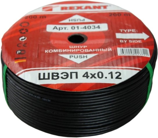 Кабель REXANT 01-4034 ШВЭП (ШСМ) 4x0,12мм², 200м, черный