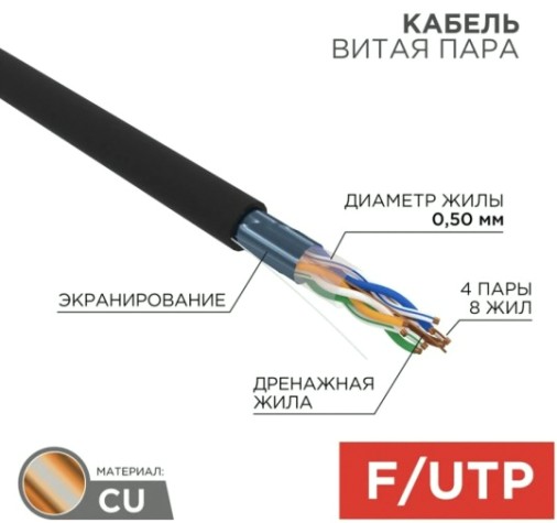 Кабель REXANT F/UTP, CAT 5e, PE 4х2х0,50мм, 24AWG внешний, черный (барабан) [01-0146]