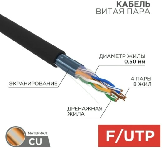 Кабель REXANT F/UTP, CAT 5e, PE 4х2х0,50мм, 24AWG внешний, черный (коробка) [01-0146-1]