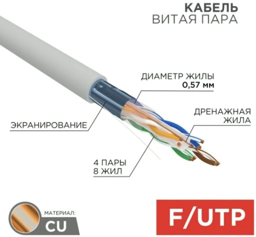 Кабель REXANT F/UTP, CAT 6, ZH нг(A)-HF (LSZH) 4x2x0,57мм, 23AWG внутр. серый [01-0167]